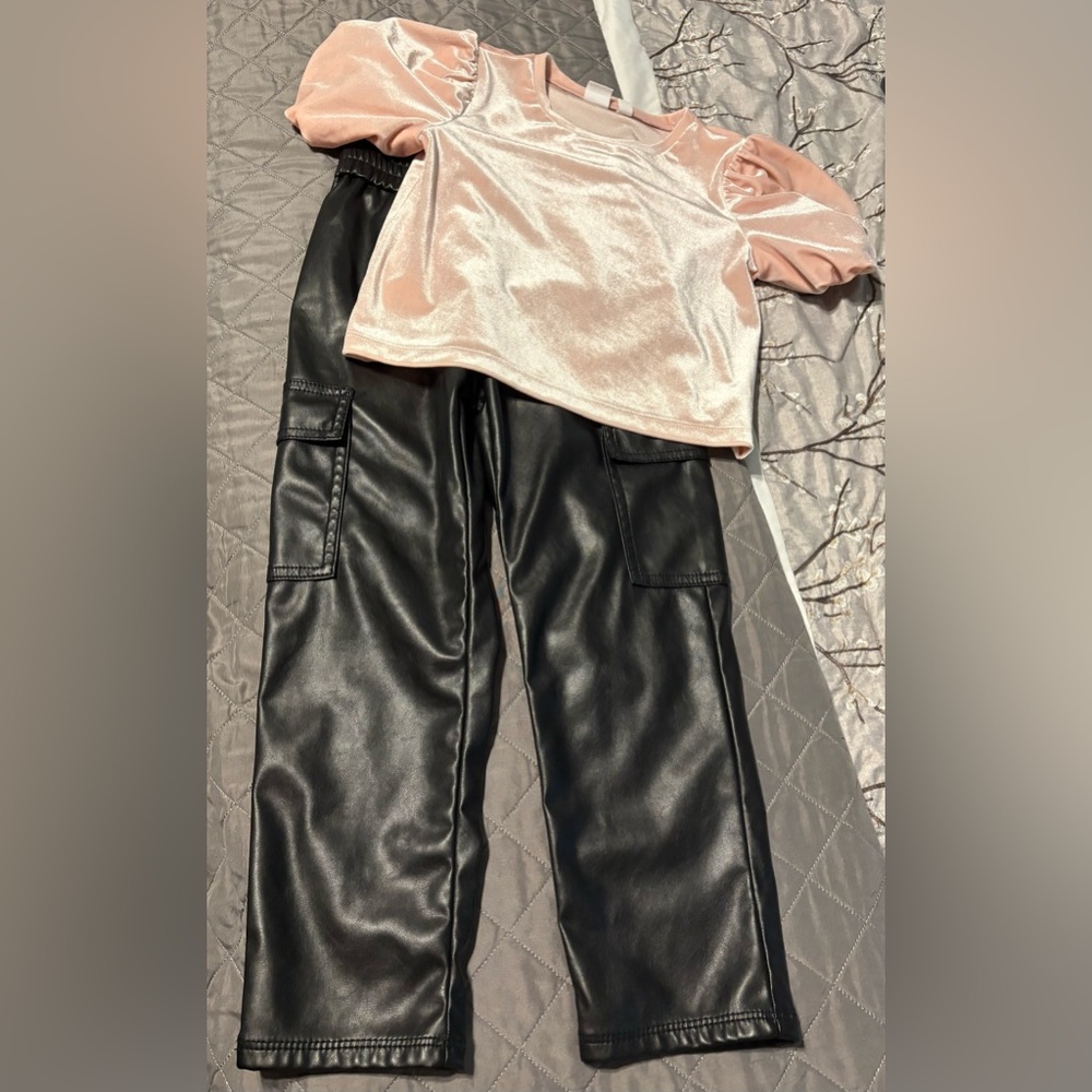 GAP Black Leather pants with Pink Velour Top